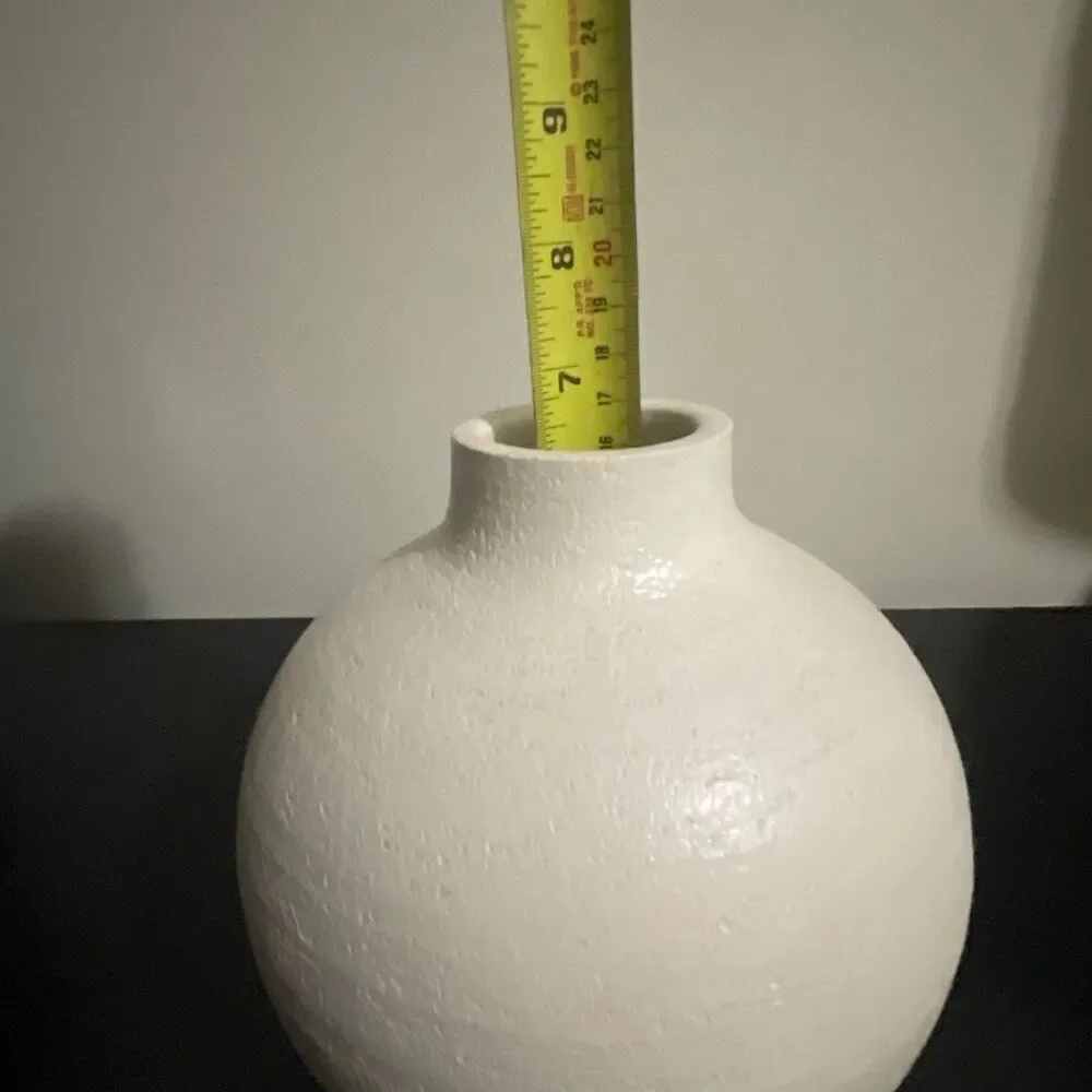 Round heavy handcrafted watertight off white beige earth-ware vase home decor